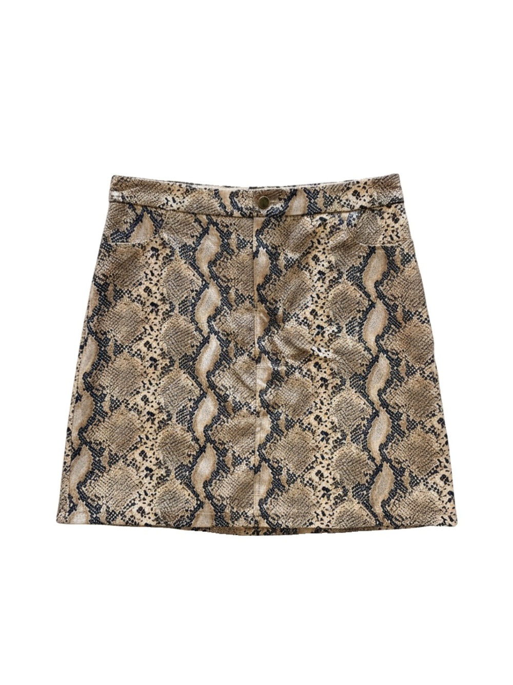 Tan Snake-Print Mini Skirt with Front Button Detail